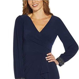 Adrianna Papell Women's Draped Jersey Beaded Gown Midnight Navy Size 14 NWT new